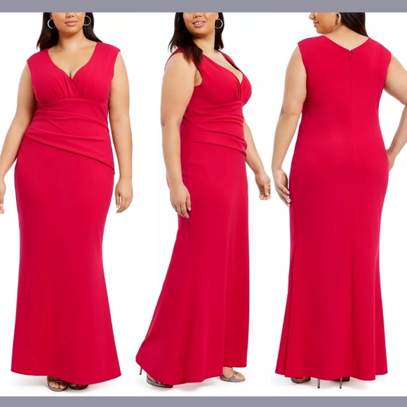 NWT Betsy & Adam [ PLUS size 22W‎ ] Sweetheart V Neck Ruched Gown Red - Picture 1 of 12
